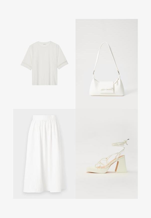 T-shirt branco de manga curta feito de algodão, com bainha de renda decorativa nas mangas e decote redondo.; Saia midi branca com uma cintura elástica, apresentando um design franzido para uma silhueta fluida, feita de um tecido leve e suave.; Sandálias brancas de salto alto com um salto robusto, apresentando um design com tiras e amarração no tornozelo. Textura suave com uma plataforma na frente para altura adicional.; Mala sintética branca com formato triangular, aba frontal plana e detalhe de laço, alça ajustável, textura suave e design minimalista.