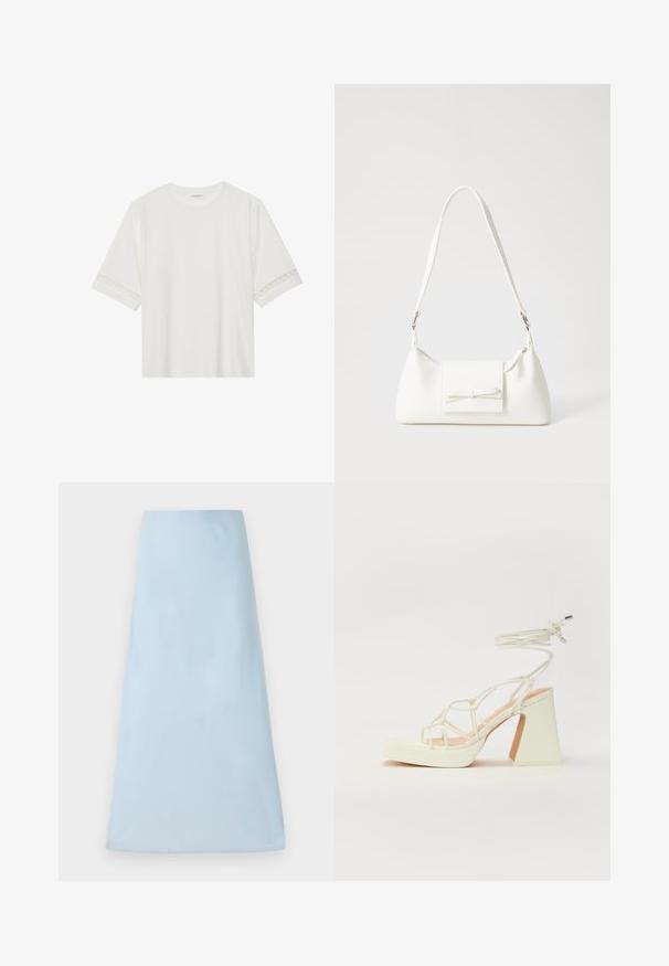 White short-sleeve t-shirt made from cotton, featuring decorative lace trim along the sleeves and a round neckline.; Light blue A-line skirt made of a smooth fabric, featuring a clean design with no visible patterns or accents, reaching mid-length.; White high-heeled sandal with a chunky heel, featuring a strappy design and ankle tie. Smooth texture with a platform front for added height.; White synthetic handbag with a triangular shape, flat front flap and bow detail, adjustable strap, smooth texture, and minimalistic design.