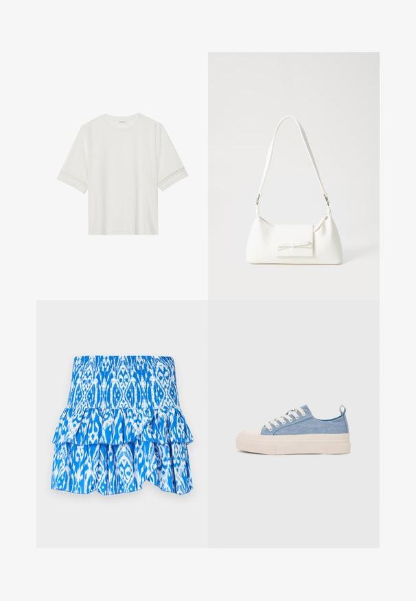Hvid kortærmet t-shirt lavet af bomuld, med dekorativ blondekant langs ærmerne og en rund halsudskæring.; Blå og hvid mønstret nederdel med en smocked talje, lagdelt flæse kant og letvægtsstof. Har et ikat-lignende design.; Lyseblå lærredssneakers med en cremefarvet gummitåhætte og sål, udstyret med hvide snørebånd og en træksløjfe på hælen.; Hvid syntetisk håndtaske med en trekantet form, flad forsideklap og sløjfedetalje, justerbar strop, glat tekstur og minimalistisk design.
