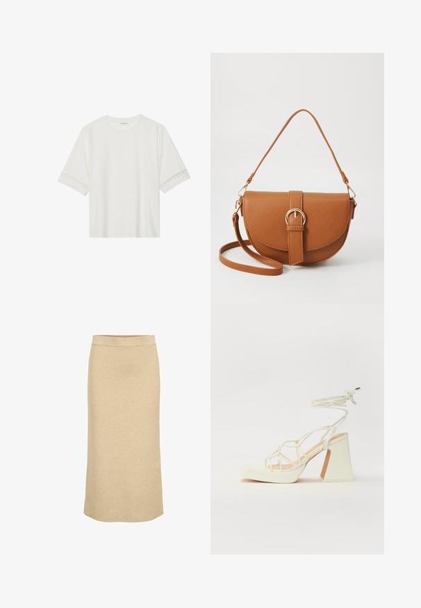 T-shirt blanc à manches courtes en coton, avec des bordures en dentelle décoratives le long des manches et un col rond.; Jupe midi en tricot couleur beige clair, avec une taille côtelée et une silhouette droite, au toucher lisse et doux.; Sandale blanche à talons hauts avec un talon épais, présentant un design à lanières et un lien autour de la cheville. Texture lisse avec une plateforme à l'avant pour une hauteur supplémentaire.; Sac bandoulière en cuir marron avec une forme incurvée, quincaillerie dorée et un accent en boucle. Comprend une bandoulière détachable.