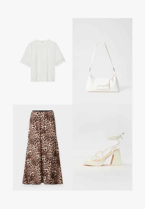 White short-sleeve t-shirt made from cotton, featuring decorative lace trim along the sleeves and a round neckline.; Leopard print maxi skirt, featuring a black waistband, flowing silhouette, and soft fabric with varying shades of brown and beige patterns.; White high-heeled sandal with a chunky heel, featuring a strappy design and ankle tie. Smooth texture with a platform front for added height.; White synthetic handbag with a triangular shape, flat front flap and bow detail, adjustable strap, smooth texture, and minimalistic design.