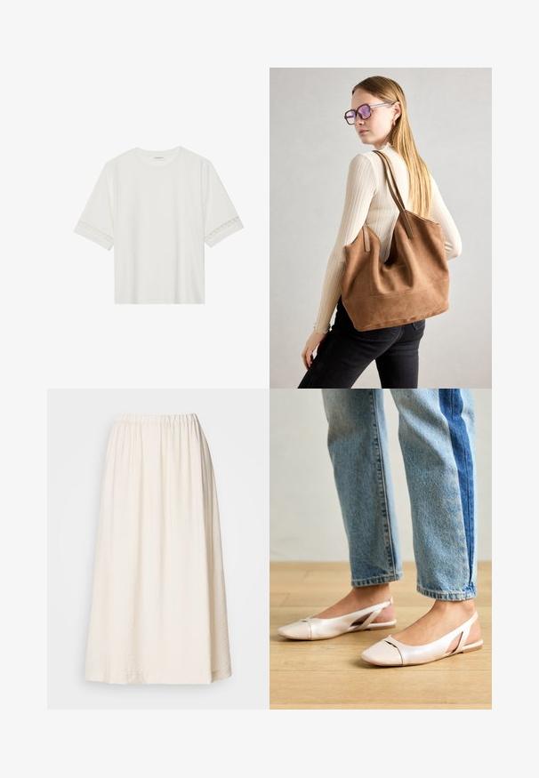 Hvid kortærmet t-shirt lavet af bomuld, med dekorativ blondekant langs ærmerne og en rund halsudskæring.; Lang, cremefarvet nederdel med elastisk talje. Lavet af et struktureret stof, har den en fyldig silhuet og flyder blidt.; Lyserøde slingback flade sko med spidse tær, lavet af et glat læderlignende materiale. Har udskæringsdetaljer på siderne og en flad hæl.; Brun ruskind tote taske med blød tekstur, stor åbning og lange stropper. Har et enkelt design med synlige syninger og ingen hardware.