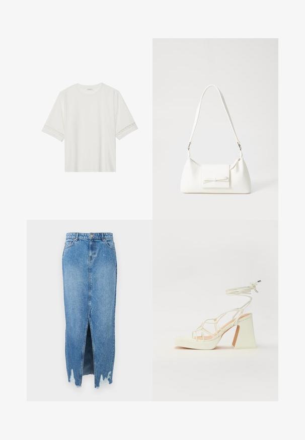 Bela kratka majica s kratkimi rokavi iz bombaža, okrašena z dekorativnim čipkastim robom ob rokavih in okroglo izrezom.; Svetlo moder krilo iz denima z visokim razporkom in strgano obrobo. Ima zapiranje na gumb, pet žepov in klasiko ravno silhueto.; Bela sandala na visokih petah s debelim petam, ki ima obliko trakcev in vezanje okoli gležnja. Gladka tekstura z platformo spredaj za dodatno višino.; Bela sintetična torbica v obliki trikotnika, z ravnim sprednjim poklopcem in detajlom mašne, nastavljivim trakom, gladko teksturo in minimalističnim dizajnom.