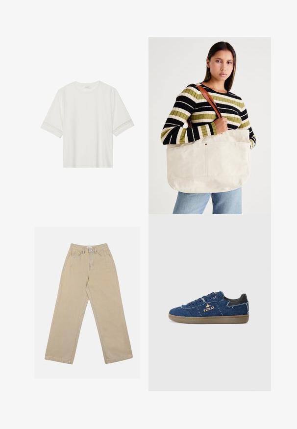Weißes T-Shirt mit kurzen Ärmeln aus Baumwolle, mit dekorativem Spitzenbesatz entlang der Ärmel und einem runden Ausschnitt.; Beige weit geschnittene Denim-Hose mit hoher taille, vorderen Taschen und kontrastierender Naht. Das Design umfasst einen Knopfverschluss.; Replay PYPER - Sneaker low - blue; Große beige Leinen-Totetasche mit braunen Ledergriffen, die ein minimalistisches Design und sichtbare Nähte aufweist.