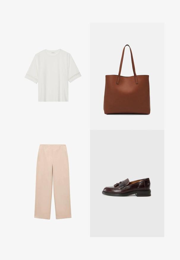 Hvid kortærmet t-shirt lavet af bomuld, med dekorativ blondekant langs ærmerne og en rund halsudskæring.; Beige bredde bukser lavet af glat stof, med flad front og bæltestropper, samt ingen synlige mønstre eller udsmykninger.; Brune læder loafers med en frynse accent, rund tå, lav blokhælel, og en tekstureret sål. Glat finish med subtile syninger.; Brun læder tote taske med en glat overflade, åben topdesign og to skulderremme. Har minimal syning og ingen synlig hardware.