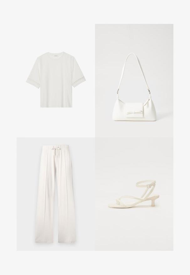 Biała, krótka koszulka z bawełny z dekoracyjnym koronkowym wykończeniem przy rękawach i okrągłym dekoltem.; Jasno beżowe dresy wykonane z miękkiego materiału, z elastycznym paskiem w pasie, szerokimi nogawkami i pionowymi szwami, o gładkiej teksturze.; Jasno-kremowe sandały na cienkim obcasie z niską, blokową podeszwą. Wykonane z gładkiego materiału, z cienkimi paskami i zapięciem na klamrę wokół kostki.; Biała syntetyczna torba o trójkątnym kształcie, płaskim przednim klapce i detalach w postaci kokardy, regulowanym pasku, gładkiej fakturze oraz minimalistycznym designie.