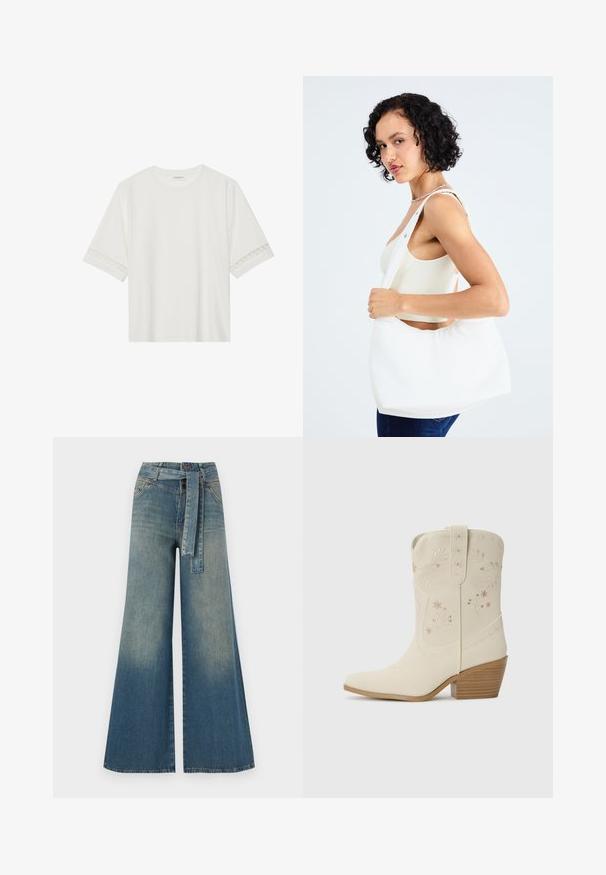 White short-sleeve t-shirt made from cotton, featuring decorative lace trim along the sleeves and a round neckline.; Wide-leg denim trousers featuring a light to dark blue gradient, high waist, belt loops, and a matching fabric belt. Textured denim finish.; White leather cowboy boot with floral embroidery, pointed toe, and a stacked wooden heel. Features decorative stitching on the shaft.; White shoulder bag made of smooth material, featuring an oval cutout and wide strap design. Simple and modern with no visible hardware.