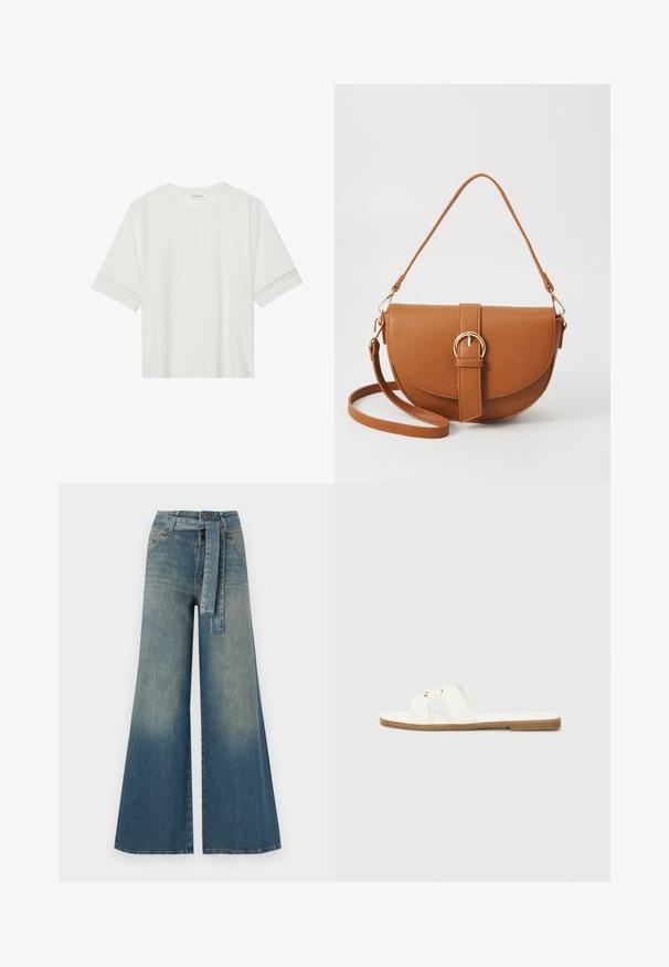 Fehér, rövid ujjas póló, pamutból készült, díszes csipkés szegéllyel az ujjak mentén és kerek nyakkivágással.; Bőszárú farmernadrág, világos és sötétkék árnyalatokkal, magas derekú, övgyűrűkkel és a nadrággal megegyező anyagú övvel. Textúrált farmer kivitel.; Fehér lapos szandál minimalista dizájnnal, két keresztbe rakott pánttal és aranyszínű fém kiegészítőkkel a barna talpon.; Barna bőr keresztbody táska ívelt formával, aranyszínű fémrészekkel és csat díszítéssel. Levehető vállpánttal rendelkezik.