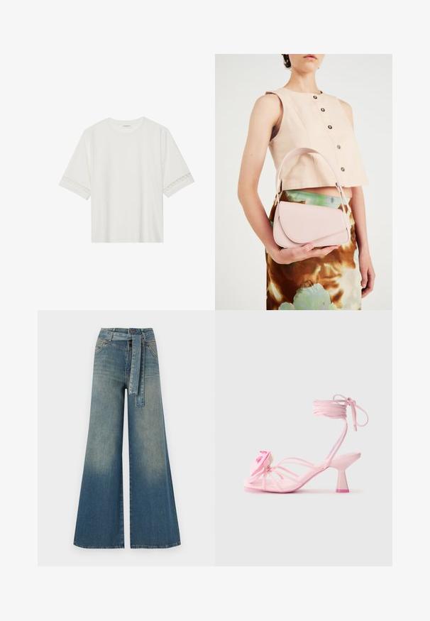 Balta trumpomis rankovėmis marškinėliai, pagaminti iš medvilnės, su dekoratyviais nėriniais aplink rankoves ir apvaliu kaklu.; Platus džinsinis kelnes su šviesiai tamsiai mėlynu gradientu, aukštu juosmeniu, diržo kilpomis ir atitinkančiu audinio diržu. Textūruotas džinsinis paviršius.; Rožinės kulninės šlepetės su plonomis dirželiais ir gėlių akcentu ant piršto. Kulnas masyvus, su kontrastinga rožine galiuku. Lygi tekstūra.; Rožinė odinė rankinė su lenktu užklotu, vienu peties diržu ir švariomis linijomis. Rankinė turi lygų paviršių ir minimalizmo dizainą.