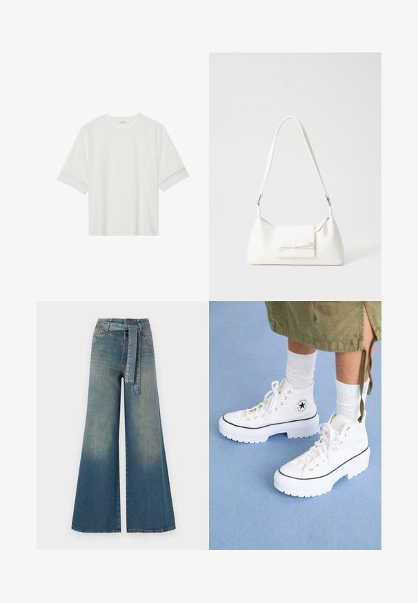 Valkoinen lyhythihainen t-paita, joka on valmistettu puuvillasta ja jossa on koristeellinen pitsireunus hihojen ympärillä sekä pyöreä pääntie.; Yksiväriset farkut leveällä lahkeella, joissa on vaaleasta tummansiniseen häipyvä väri, korkea vyötärö, vyölenkit ja yhteensopiva kangasvyö. Rakennefarkkujen pinta.; Valkoiset korkeavartiset tennarit, joissa on tekstiiliverkkopinta, kuminen varvaskuppi ja paksu valkoinen platform-pohja. Varustettu mustilla yksityiskohdilla ja nauhakohdistimilla.; Valkoinen synteettinen käsilaukku, jossa on kolmikulmainen muoto, tasainen etu läppä ja nauhadetail, säädettävä olkahihna, sileä rakenne ja minimalinen muotoilu.