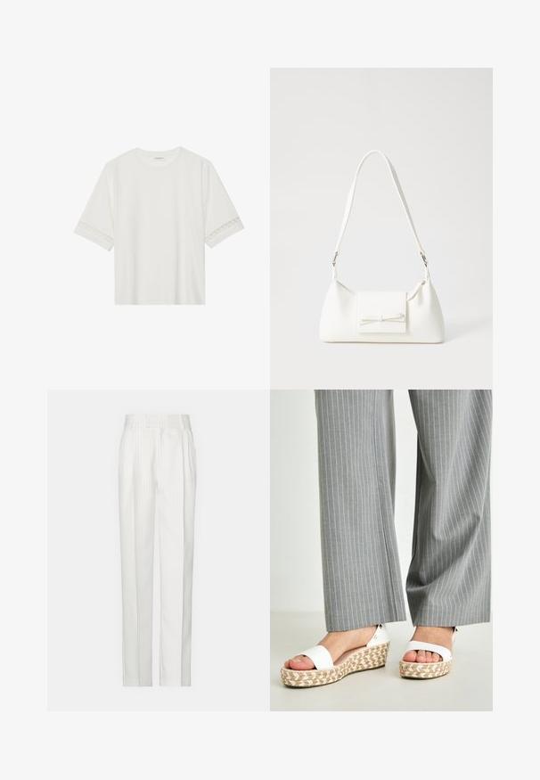 Hvid kortærmet t-shirt lavet af bomuld, med dekorativ blondekant langs ærmerne og en rund halsudskæring.; Hvide stikstribede bukser med et lige ben-design, lavet af et let stof. Har foldninger foran og et traditionelt liv.; Hvide kilehæle med en vævet espadrille-sål, der har en glat overdel og en subtil metallisk detalje ved hælen. Grå stribede bukser er synlige.; Hvid syntetisk håndtaske med en trekantet form, flad forsideklap og sløjfedetalje, justerbar strop, glat tekstur og minimalistisk design.