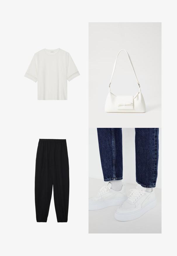 Valkoinen lyhythihainen t-paita, joka on valmistettu puuvillasta ja jossa on koristeellinen pitsireunus hihojen ympärillä sekä pyöreä pääntie.; Mustat, kevyet housut, joissa on joustava vyötärö ja kerätyt nilkat. Kangas on sileä ja siinä on rento, kapeneva muotoilu.; Valkoiset tennarit, joissa on teksturoitu pinta ja paksut pohjat, yhdistettynä vaaleanharmaisiin ribbattuihin sukkiin ja tummansinsisiin farkkuihin.; Valkoinen synteettinen käsilaukku, jossa on kolmikulmainen muoto, tasainen etu läppä ja nauhadetail, säädettävä olkahihna, sileä rakenne ja minimalinen muotoilu.
