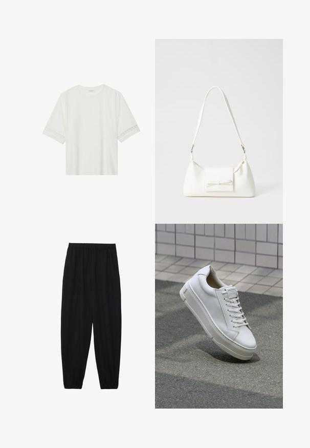 Hvit t-skjorte med kort erme laget av bomull, med dekorativ blondekant langs ermene og en rund halslinning.; Svarte, lette bukser med elastisk liv og rynkede ankler. Stoffet er glatt og har en avslappet, innsvingt design.; Hvite lær sneakers med lav toppdesign, flate lisser, avrundet tå og teksturerte sider. Tykk gummisåle med subtile detaljer.; Hvit syntetisk håndveske med trekantet form, flat klaff foran og sløyfe detaljer, justerbar stropp, glatt tekstur og minimalistisk design.