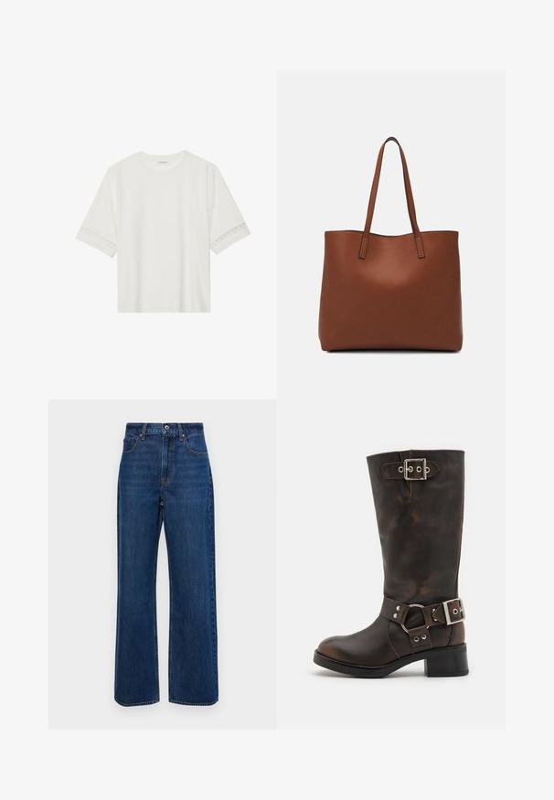 Balta trumpomis rankovėmis marškinėliai, pagaminti iš medvilnės, su dekoratyviais nėriniais aplink rankoves ir apvaliu kaklu.; Tamsiai mėlynos plataus kirpimo džinsai, pagaminti iš denimo, su aukšta juosmens linija, penkiomis kišenėmis ir matomomis siūlėmis.; Steve Madden BEAU - Kaubojiški / motociklininko stiliaus batai - brown; Ruda odinė priekabų krepšys su glotnia tekstūra, atviru viršumi ir dviem petnešomis. Su minimalia siuvimo detalėmis ir nematoma aparatūra.