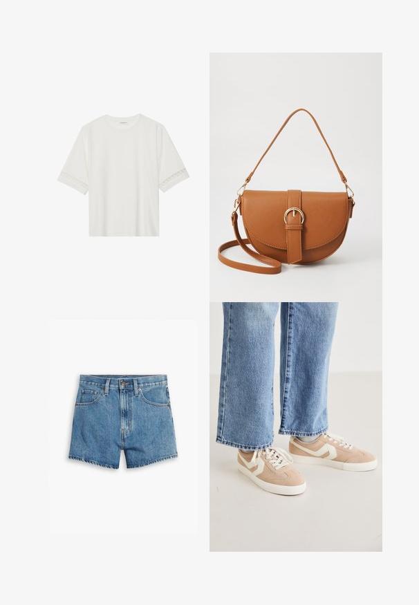 Fehér, rövid ujjas póló, pamutból készült, díszes csipkés szegéllyel az ujjak mentén és kerek nyakkivágással.; Világoskék farmer rövidnadrág, öt zsebbel, cipzáros megoldással és gombos záródással. A szegélyt megkoptatták, és laza szabású dizájn jellemzi.; Beige velúr sportcipők fehér díszítéssel, lapos gumitalppal és fűzős kialakítással. Világoskék, bő szabású farmernadrággal viselve.; Barna bőr keresztbody táska ívelt formával, aranyszínű fémrészekkel és csat díszítéssel. Levehető vállpánttal rendelkezik.