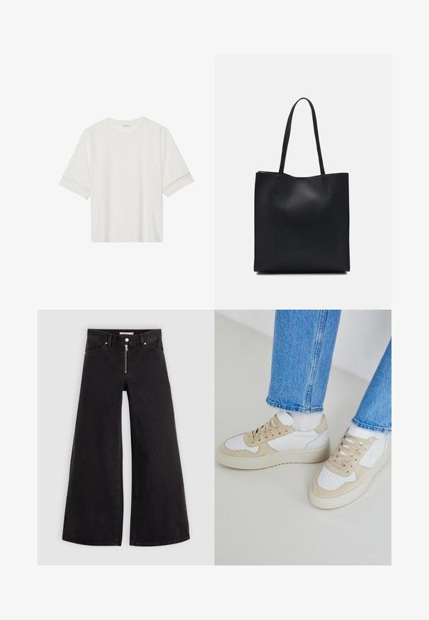 Hvit t-skjorte med kort erme laget av bomull, med dekorativ blondekant langs ermene og en rund halslinning.; Vide benbukser i sort denim med glidelås i front, fem-lomme design og subtile sømdetaljer. Glatt tekstur og avslappet stil.; Hvite og beige sneakers med perforerte detaljer, en glatt læroverdel og en tykk gummisåle. Kombinert med lyseblå jeans.; Svart lær tote bag med glatt tekstur, rektangulær form og to lange håndtak. Ingen synlige deler eller dekorasjoner.