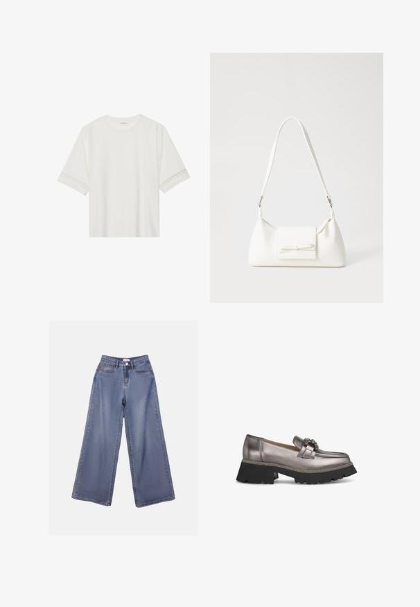 T-shirt bianco a maniche corte in cotone, con bordi in pizzo decorativi lungo le maniche e scollo rotondo.; Jeans in denim a gamba ampia di un blu chiaro, caratterizzati da una vita alta, tasche frontali e una chiusura con bottone e passanti per cintura.; Mocassini grigio metallico con una robusta suola nera a piattaforma, dotati di una fibbia decorativa e di un bordo con texture lungo il perimetro.; Borsa sintetica bianca a forma triangolare, con patta anteriore piatta e dettaglio a fiocco, tracolla regolabile, texture liscia e design minimalista.