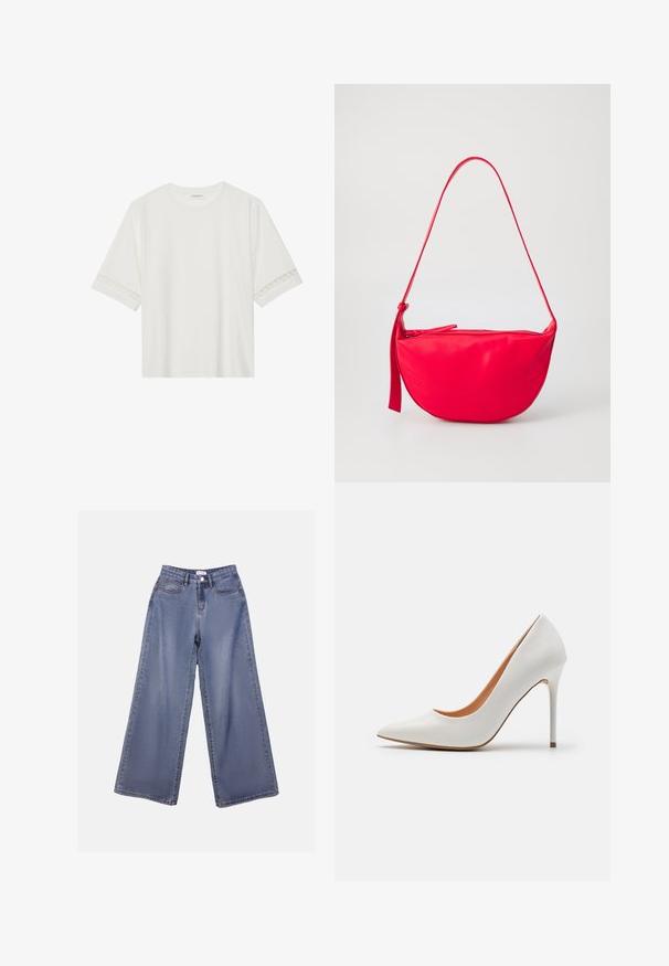 Hvid kortærmet t-shirt lavet af bomuld, med dekorativ blondekant langs ærmerne og en rund halsudskæring.; Bredde denim jeans i en lys blå vask, med høj talje, forlommer og knaplukning med bæltestropper.; Hvid patentlæder højhælet pumpe med spids tå og slank stiletto-hæl, der har en glat overflade og en beige inderside.; Rød læder skuldertaske med en buet form, en lynlåslukning og en tynd justerbar rem. Glat tekstur med syningsdetaljer.