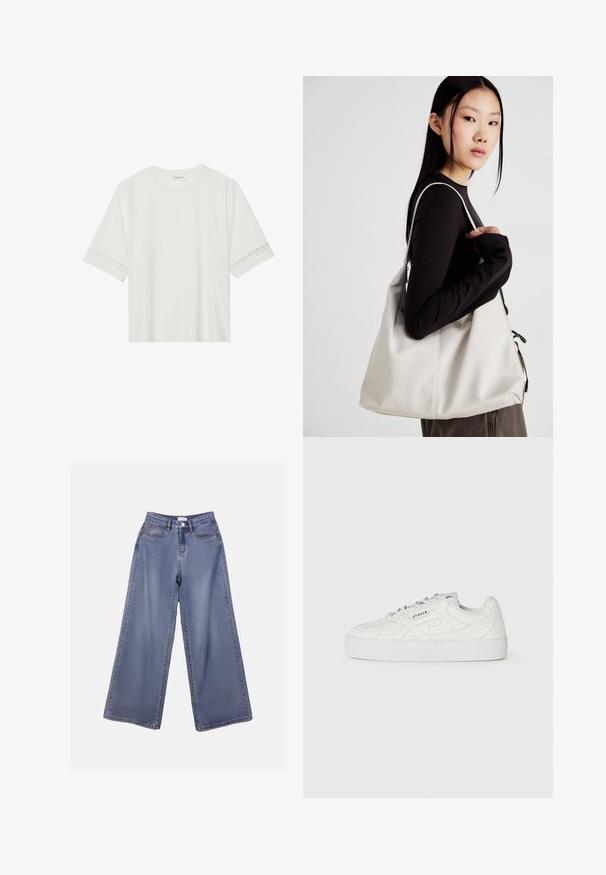 Camiseta blanca de manga corta hecha de algodón, con un ribete decorativo de encaje en las mangas y un escote redondo.; Jeans de mezclilla de pierna ancha en un lavado azul claro, con una cintura alta, bolsillos frontales y un cierre de botón con trabillas para el cinturón.; Zapatilla baja blanca con diseño de cordones, detalles perforados y "CPNHGN" impreso en el lateral, sobre un fondo blanco plano.; Bolso de mano beige hecho de material suave, con un diseño holgado, detalles cosidos y dos asas. Adecuado para uso diario.