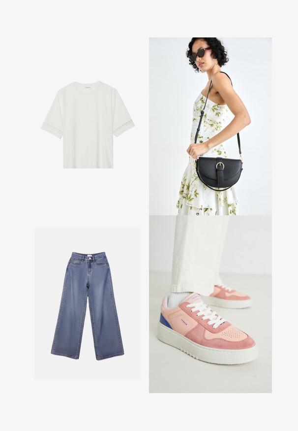 White short-sleeve t-shirt made from cotton, featuring decorative lace trim along the sleeves and a round neckline.; Wide-leg denim jeans in a light blue wash, featuring a high waist, front pockets, and a button closure with belt loops.; Pink and coral sneakers with suede and leather materials, white laces, and a textured rubber sole. Features blue accents on the heel.; Black leather handbag with a curved shape, detachable strap, and gold hardware. The bag features a flap with a buckle detail.
