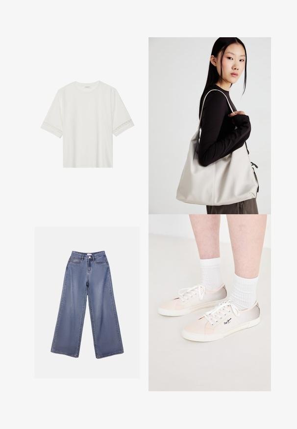 Valge lühikese varrukaga T-särk, mis on valmistatud puuvillast, kaunistatud pitsiga varrukate ääres ja ümmarguse kaelusega.; Laia sinise pesu laiad teksad, millel on kõrge talje, ees taskud ja nööbilukuga vöörihmade jaoks.; Heledad värviga kangast tossud valgete paeltega, roosa ja beeži aktsendiga, valge kummitald ja logo küljel.; Bež käekott pehme materjali, millel on lõtv disain, õmblustega detailid ja kaks õlarihma. Sobib igapäevaseks kasutamiseks.