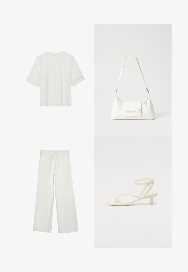 Biała, krótka koszulka z bawełny z dekoracyjnym koronkowym wykończeniem przy rękawach i okrągłym dekoltem.; Białe spodnie o szerokich nogawkach wykonane z miękkiego materiału. Posiadają elastyczny pas ze sznurkiem i gładką teksturę. Brak widocznych wzorów lub elementów metalowych.; Jasno-kremowe sandały na cienkim obcasie z niską, blokową podeszwą. Wykonane z gładkiego materiału, z cienkimi paskami i zapięciem na klamrę wokół kostki.; Biała syntetyczna torba o trójkątnym kształcie, płaskim przednim klapce i detalach w postaci kokardy, regulowanym pasku, gładkiej fakturze oraz minimalistycznym designie.