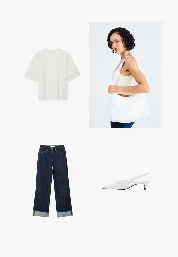 Vit kortärmad t-shirt i bomull, med dekorativa spetsdetaljer längs ärmarna och rund halsringning.; Mörkblå vida jeans med hög midja, utrustade med uppvikta fållar, kontrasterande sömmar och femficksdesign. Tillverkade av denimtyg.; Vit slingback-häl med spetsig tå, med en slät ovandel, subtila utskärningar och en låg blockklack. Svart sula framhäver designen.; Vit axelväska i slätt material, med ett ovalt utskärning och bred bärremdesign. Enkel och modern utan synlig hårdvara.