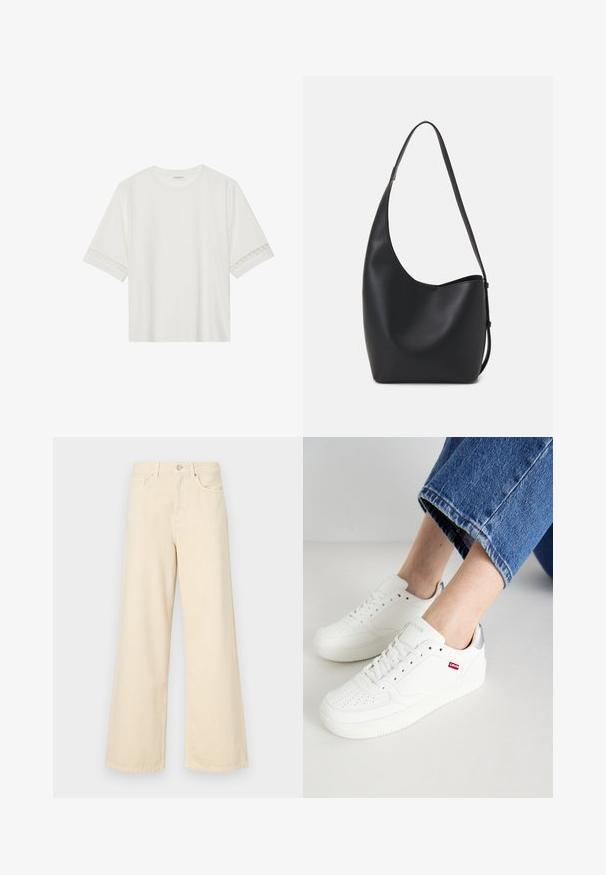 Balta īsām piedurknēm T-kreklu, izgatavotu no kokvilnas, ar dekoratīvu mežģīņu apdari ap piedurknēm un apaļu kakla izgriezumu.; Bežīgas platpēdas džinses, izgatavotas no kokvilnas. Iekļauj pogu aizdari, jostas cilpas un priekšējos kabatas ar gludu, mīkstu tekstūru.; Levi's® Sporta apavi - regular white; Melnas ādas hobo soma ar gludu tekstūru, izliekta forma un vienu regulējamu jostu; augšā ir plaša atvere.