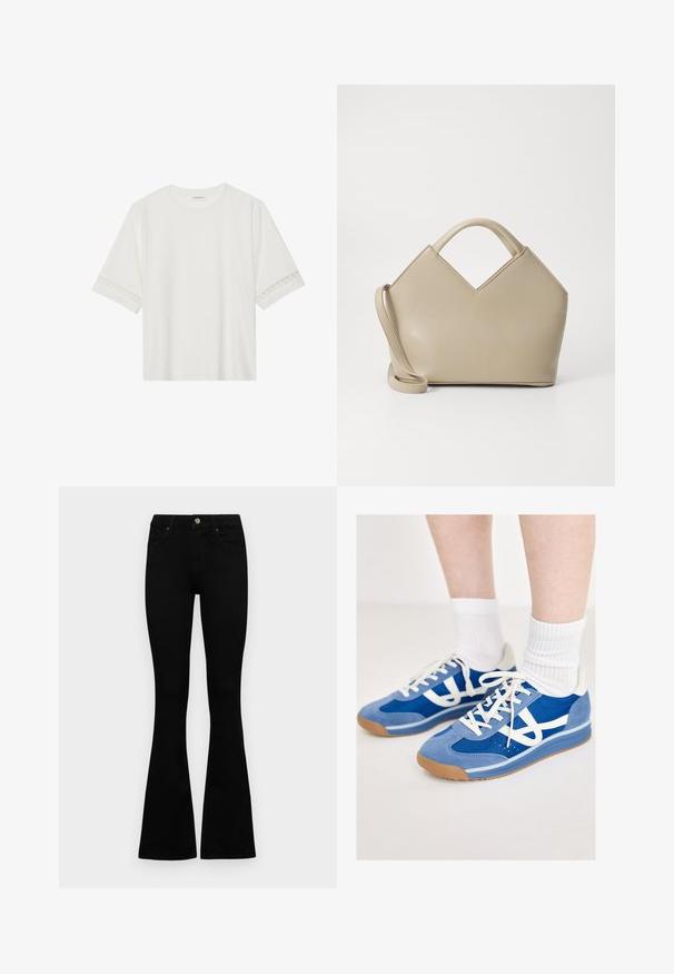 T-shirt blanc à manches courtes en coton, avec des bordures en dentelle décoratives le long des manches et un col rond.; Jean noir taille haute avec fermeture à bouton et à zip, poches avant et jambes évasées, posés à plat sur un fond blanc.; Baskets de sport bleues avec une tige en daim et en mesh, accents blancs, lacets plats et semelles en caoutchouc gomme, accompagnées de chaussettes blanches à côtes.; Sac à main structuré beige avec un dessus en V, en cuir lisse, muni de poignées courtes et d'une longue bandoulière réglable. Design minimaliste.