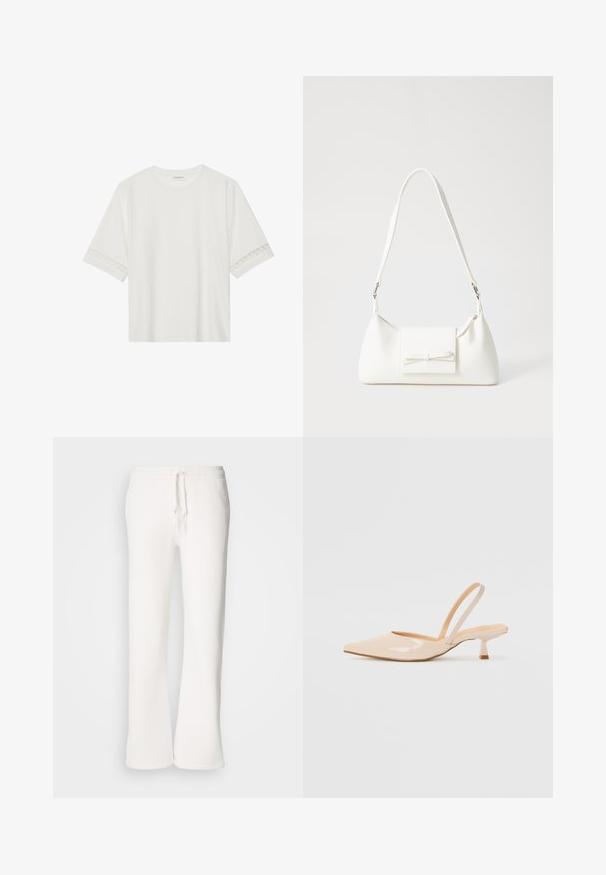 Hvid kortærmet t-shirt lavet af bomuld, med dekorativ blondekant langs ærmerne og en rund halsudskæring.; Hvide, afslappede sweatpants lavet af blødt materiale, med elastisk talje og snor samt lige ben.; Beige patenteret læder slingback høje med spids tå og en slank, firkantet hæl. Glat tekstur og minimalistisk design uden udsmykninger.; Hvid syntetisk håndtaske med en trekantet form, flad forsideklap og sløjfedetalje, justerbar strop, glat tekstur og minimalistisk design.