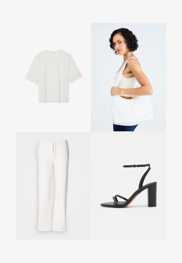 White short-sleeve t-shirt made from cotton, featuring decorative lace trim along the sleeves and a round neckline.; White, relaxed-fit sweatpants made of soft fabric, featuring an elastic waistband with a drawstring and straight-leg design.; Black leather high-heeled sandal with a square toe, two narrow straps across the foot, and an ankle strap featuring a gold buckle.; White shoulder bag made of smooth material, featuring an oval cutout and wide strap design. Simple and modern with no visible hardware.