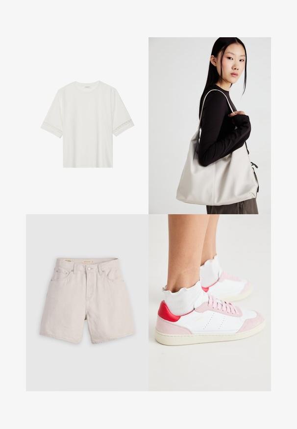 Weißes T-Shirt mit kurzen Ärmeln aus Baumwolle, mit dekorativem Spitzenbesatz entlang der Ärmel und einem runden Ausschnitt.; Hochtaillierte beigen Denim-Shorts mit einer geknöpften Vorderseite, Gürtelschlaufen und einem Fünf-Taschen-Design; leicht mit einer glatten Textur.; Weiße Sneakers mit rosa Wildlederdetails an der Zehenpartie und der Ferse, rotem Fersenelement und einer strukturierten weißen Knöchelsocke mit welligem Rand.; Beige Handtasche aus weichem Material, mit einem lässigen Design, gesteppten Details und zwei Schulterriemen. Geeignet für den täglichen Gebrauch.