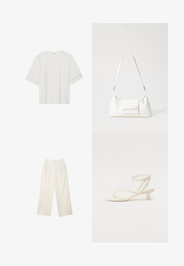 Biele tričko s krátkym rukávom vyrobené z bavlny, s dekoratívnym čipkovým lemovaním pozdĺž rukávov a okrúhlym výstrihom.; Široké nohavice z krémovej látky s hladkou textúrou, s jedným predným gombíkom, jemnými skladmi a vysokým pásom.; Svetlo slonovinová sandál s tenkými remienkami a nízkym, blokovým podpätkom. Vyrobený z hladkého materiálu, s tenkými remienkami a prackou okolo členku.; Biela syntetická kabelka s trojuholníkovým tvarom, plochým predným klapkou a detailom mašle, nastaviteľným popruhom, hladkou textúrou a minimalistickým dizajnom.