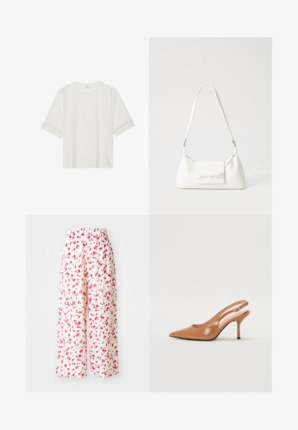 White short-sleeve t-shirt made from cotton, featuring decorative lace trim along the sleeves and a round neckline.; Pleated wide-leg trousers in white fabric, featuring a floral pattern with pink and red flowers. Elastic waistband for comfort.; Pointed toe slingback heel in a smooth, glossy tan material. Features a curved cutout design and a slender stiletto heel. Silver buckle detail.; White synthetic handbag with a triangular shape, flat front flap and bow detail, adjustable strap, smooth texture, and minimalistic design.