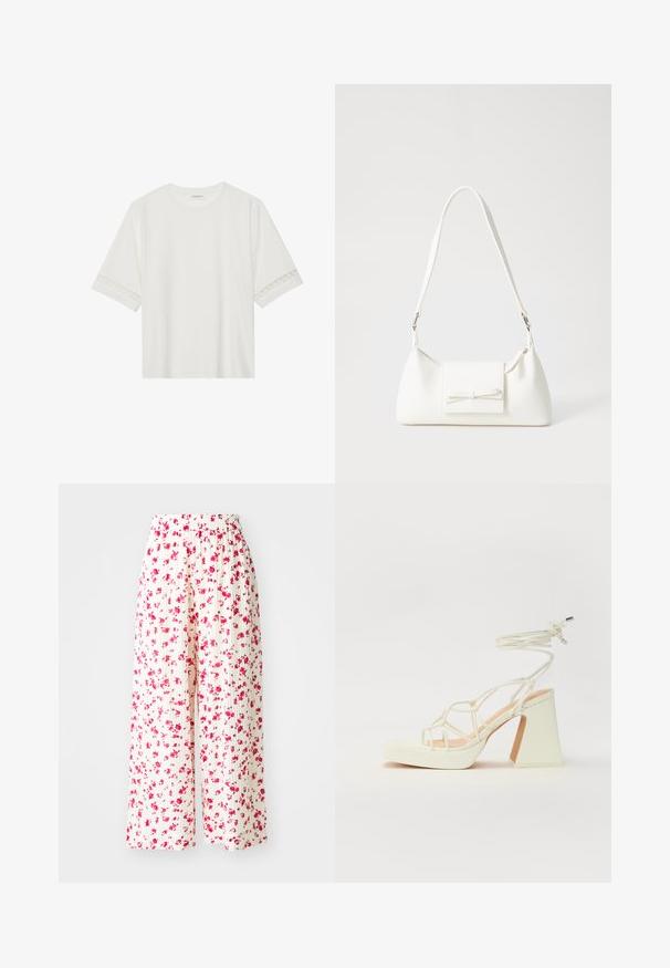 Balta trumpomis rankovėmis marškinėliai, pagaminti iš medvilnės, su dekoratyviais nėriniais aplink rankoves ir apvaliu kaklu.; Platninės plačios kelnės iš baltos medžiagos, su gėlių raštu, kuriame yra rožinių ir raudonų gėlių. Elastinga juosmens juosta patogumui.; Balti aukštakulniai sandalai su masyviu kulnu, su dirželių dizainu ir kulkšnies raiščiu. Lygi tekstūra su platforma priekyje, suteikianti papildomą aukštį.; Balta sintetinė rankinė trikampio formos, plokščiu priekiu su užsegimu, kaspino detale, reguliuojama dirželiu, lygia tekstūra ir minimalistišku dizainu.