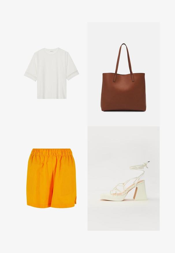 White short-sleeve t-shirt made from cotton, featuring decorative lace trim along the sleeves and a round neckline.; Orange cotton shorts with an elastic waistband, featuring a loose fit and a simple, unembellished design.; White high-heeled sandal with a chunky heel, featuring a strappy design and ankle tie. Smooth texture with a platform front for added height.; Brown leather tote bag with a smooth texture, open top design, and two shoulder straps. Features minimal stitching and no visible hardware.