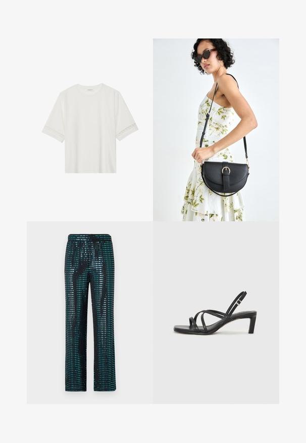 Hvid kortærmet t-shirt lavet af bomuld, med dekorativ blondekant langs ærmerne og en rund halsudskæring.; Sorte bukser med pailetter i turkis og sølv, løst fit og elastisk talje.; Sort remsandale med firkantet tå og en lav blokeret hæl. Har flere tynde stropper og en justerbar ankelrem. Fremstillet af glat læder.; Sort læderhåndtaske med en buet form, aftagelig rem og guldfinish. Tasken har en klap med en spænde detalje.; Sølvring med dobbeltbånd og en glat, poleret overflade. Den har et flydende, buet design med overlappende sektioner for et moderne udtryk.