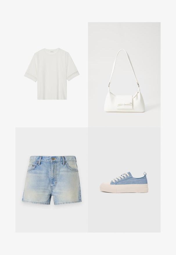 Valge lühikese varrukaga T-särk, mis on valmistatud puuvillast, kaunistatud pitsiga varrukate ääres ja ümmarguse kaelusega.; Hele sinised denimses lühikesed püksid kõrge vöökohaga disainiga, millel on kaks esitamist taskut ja peeneks kulunud välimus. Metallne plusk lõpetus.; Heledad sinised kangast tennisekingad koorevärvi kummist varbakatte ja taldaga, millel on valged paelad ja tõmblukk kandadel.; Valge sünteetilisest materjalist kott kolmnurkse kujuga, lame esiklapiga ja kaaredetailiga, reguleeritava rihmaga, sileda tekstuuriga ja minimalistliku disainiga.