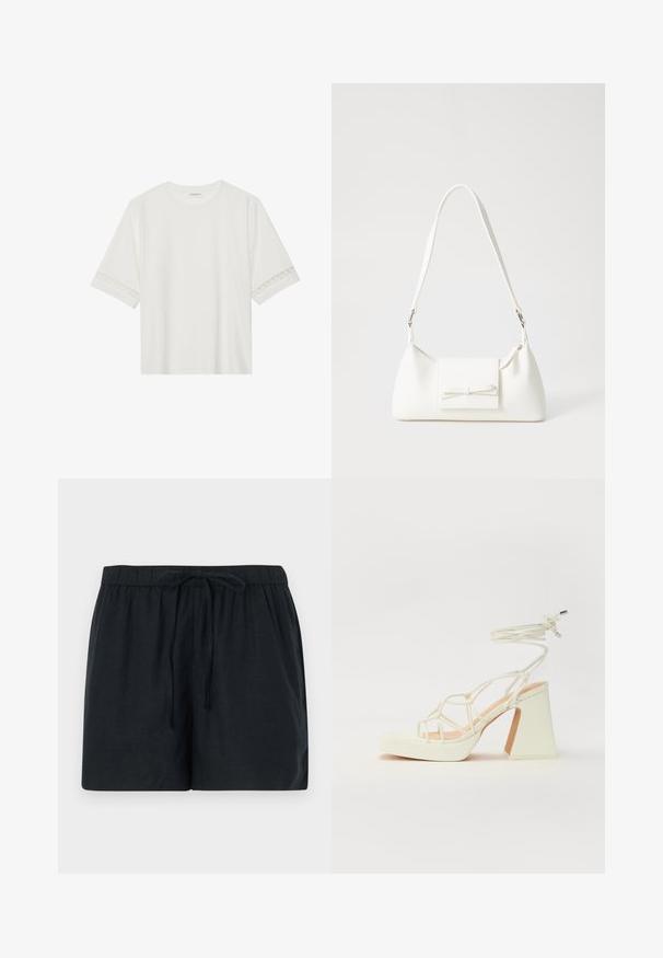 Valge lühikese varrukaga T-särk, mis on valmistatud puuvillast, kaunistatud pitsiga varrukate ääres ja ümmarguse kaelusega.; Mustad linased lühikesed püksid, millel on elastne vöökoht ja nöör, pakuvad mugavat istuvust ja sileda tekstuuri.; Valged kõrge kontsaga sandaalid, millel on paks konts ja rihmadega disain koos pahkluu sidumisega. Sile tekstuur ja platvorm ees, et lisada kõrgust.; Valge sünteetilisest materjalist kott kolmnurkse kujuga, lame esiklapiga ja kaaredetailiga, reguleeritava rihmaga, sileda tekstuuriga ja minimalistliku disainiga.