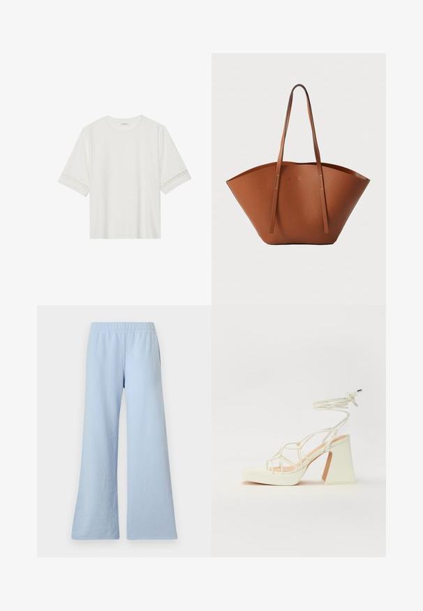 Balta īsām piedurknēm T-kreklu, izgatavotu no kokvilnas, ar dekoratīvu mežģīņu apdari ap piedurknēm un apaļu kakla izgriezumu.; Gaiši zili flared sporta bikses, izgatavotas no mīkstas auduma, ar elastīgu jostu un gludu tekstūru bez redzamām rakstām vai akcentiem.; Baltas augstpapēžu sandales ar masīvu papēdi, ar siksnu dizainu un potītes saistītiem elementiem. Gluda tekstūra ar platformu priekšpusē, lai nodrošinātu papildu augstumu.; Brūna ādas somiņa ar plašu, strukturētu formu, plānām rokturēm un teksturētu virsmu. Iespējo minimālistisku dizainu bez redzamiem aksesuāriem.