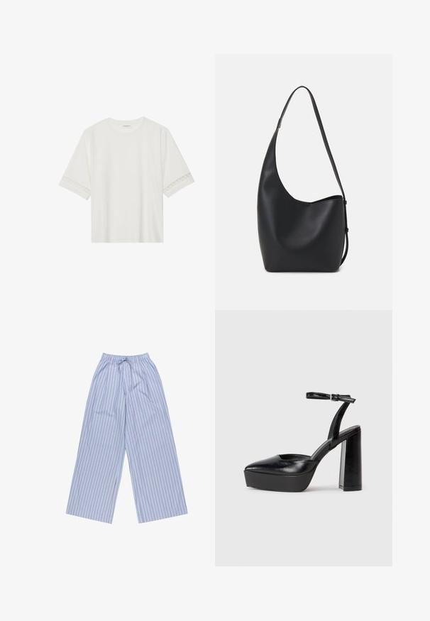 Fehér, rövid ujjas póló, pamutból készült, díszes csipkés szegéllyel az ujjak mentén és kerek nyakkivágással.; Kék csíkos, széles szárú nadrág piros függőleges csíkokkal, könnyű anyagból készült, rugalmas derekú, zsinórral állítható és oldalsó zsebekkel rendelkezik.; Fekete platform magassarkú cipők hegyes orral és állítható bokapánttal. Sima bőrből készült, vastag talppal.; Fekete bőr hobo táska sima textúrával, ívelt formával és egyetlen állítható pánttal; széles nyílás található a tetején.