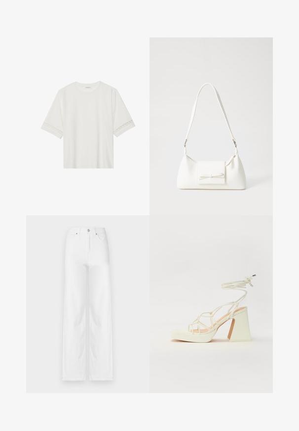 Camiseta blanca de manga corta hecha de algodón, con un ribete decorativo de encaje en las mangas y un escote redondo.; Jeans de pierna ancha blancos hechos de denim, con cierre frontal de botón, presillas para cinturón y cuatro bolsillos, con una textura limpia y suave.; Sandalia de tacón alto blanca con un tacón grueso, que presenta un diseño de tiras y un lazo en el tobillo. Textura suave con una plataforma en la parte delantera para mayor altura.; Bolso sintético blanco con forma triangular, tapa frontal plana y detalle de lazo, correa ajustable, textura suave y diseño minimalista.