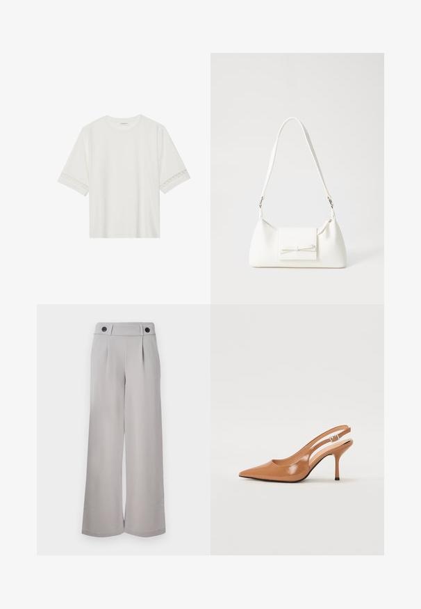Balta trumpomis rankovėmis marškinėliai, pagaminti iš medvilnės, su dekoratyviais nėriniais aplink rankoves ir apvaliu kaklu.; Šviesiai pilkos pločių kelnių, pagamintų iš lygaus audinio, su plokščiu priekiu, dviem klostėmis ir dviem juodais mygtukais ant juosmens.; Pailgų smailiu pirštu slingback kulnas, pagamintas iš lygaus, blizgaus rudos spalvos medžiagos. Yra kreivų išpjovimų dizainas ir lieknas stiletto kulnas. Sidabrinė sagtis.; Balta sintetinė rankinė trikampio formos, plokščiu priekiu su užsegimu, kaspino detale, reguliuojama dirželiu, lygia tekstūra ir minimalistišku dizainu.