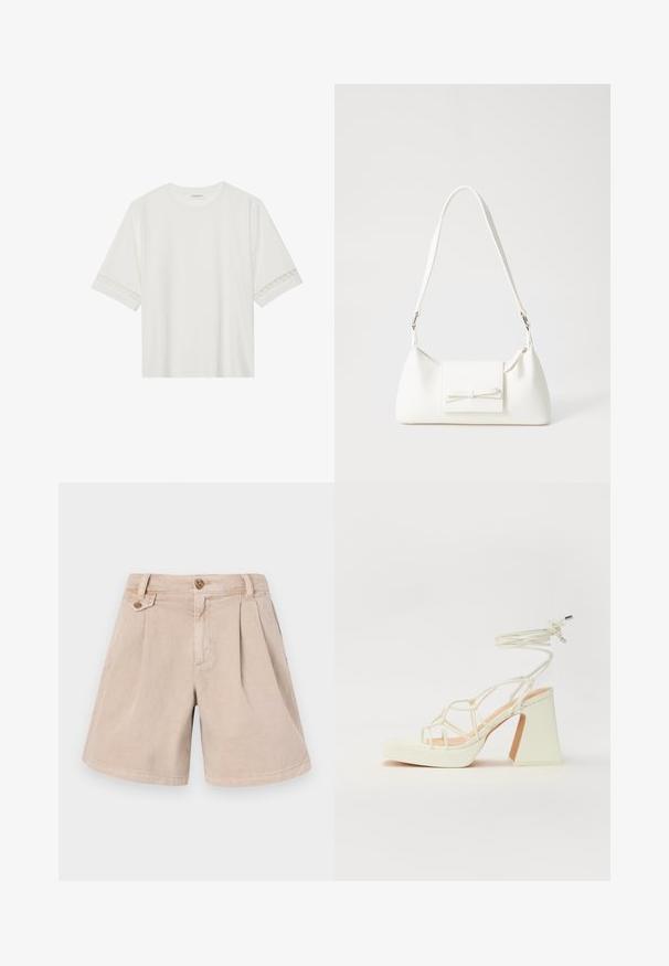 Hvit t-skjorte med kort erme laget av bomull, med dekorativ blondekant langs ermene og en rund halslinning.; Beige bomullsshorts med en plisse-design, som har to frontlommer, en rett snitt og en enkelt knappelukking i midjen.; Hvit høyhælte sandal med kraftig hæl, med en stroppe-design og ankelbånd. Glatt tekstur med plattform foran for ekstra høyde.; Hvit syntetisk håndveske med trekantet form, flat klaff foran og sløyfe detaljer, justerbar stropp, glatt tekstur og minimalistisk design.