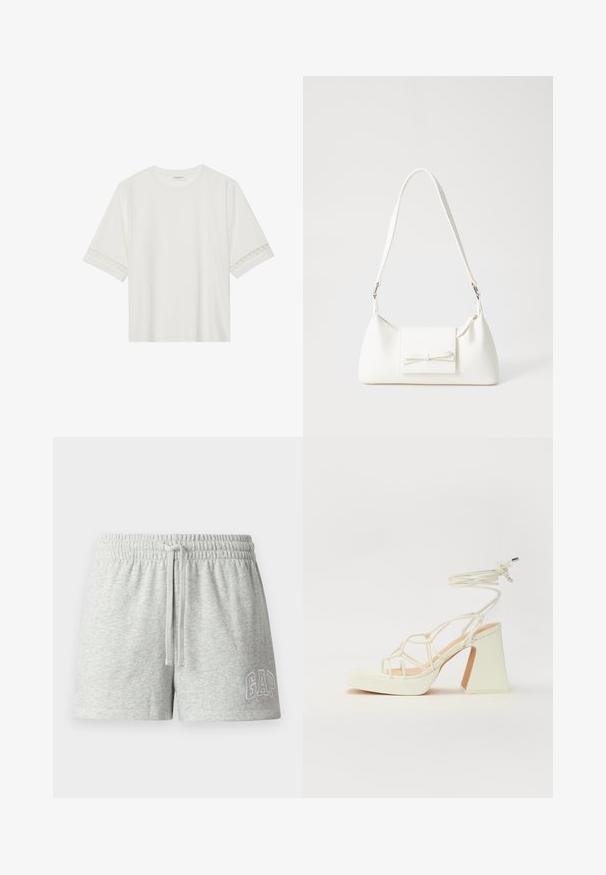 White short-sleeve t-shirt made from cotton, featuring decorative lace trim along the sleeves and a round neckline.; Grey cotton shorts with an elastic waistband, adjustable drawstring, and embroidered "GAP" logo in white on the left leg.; White high-heeled sandal with a chunky heel, featuring a strappy design and ankle tie. Smooth texture with a platform front for added height.; White synthetic handbag with a triangular shape, flat front flap and bow detail, adjustable strap, smooth texture, and minimalistic design.