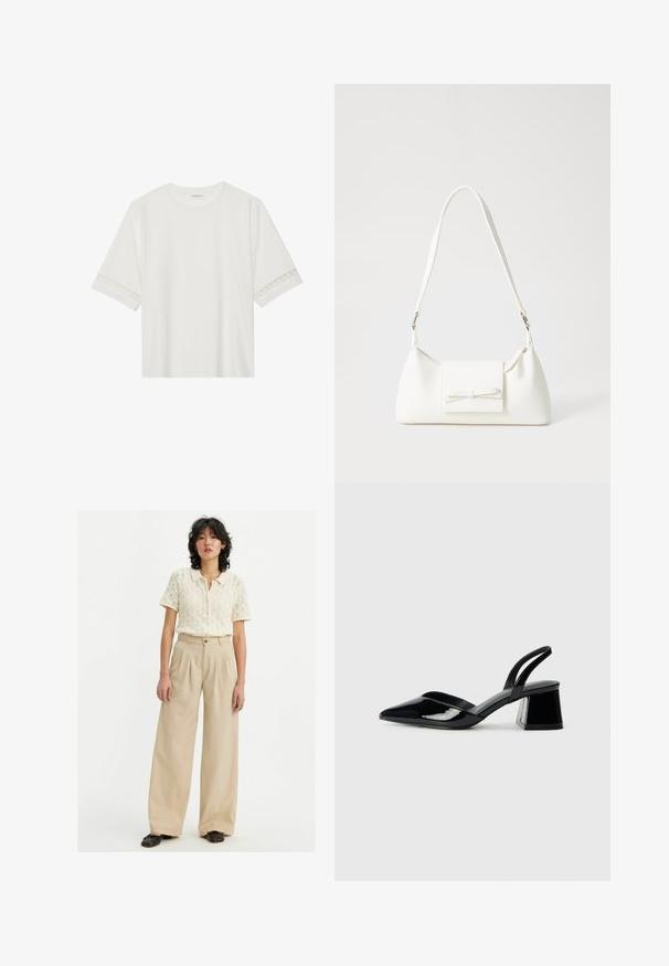 Valkoinen lyhythihainen t-paita, joka on valmistettu puuvillasta ja jossa on koristeellinen pitsireunus hihojen ympärillä sekä pyöreä pääntie.; Kanan levelejä beiget hameet, joissa on korkea vyötärö ja taitteet, yhdistettynä kermaiseen, teksturoituun, lyhythihaiseen neulevillatakkiin. Mustat kengät.; Mustat patentoitu nahkakengät, joissa on säären takaosa ja terävä kärki, sekä geometrinen palikkakorko. Sisältää tyylikkään, minimalistisen muotoilun ja sileän pinnan.; Valkoinen synteettinen käsilaukku, jossa on kolmikulmainen muoto, tasainen etu läppä ja nauhadetail, säädettävä olkahihna, sileä rakenne ja minimalinen muotoilu.