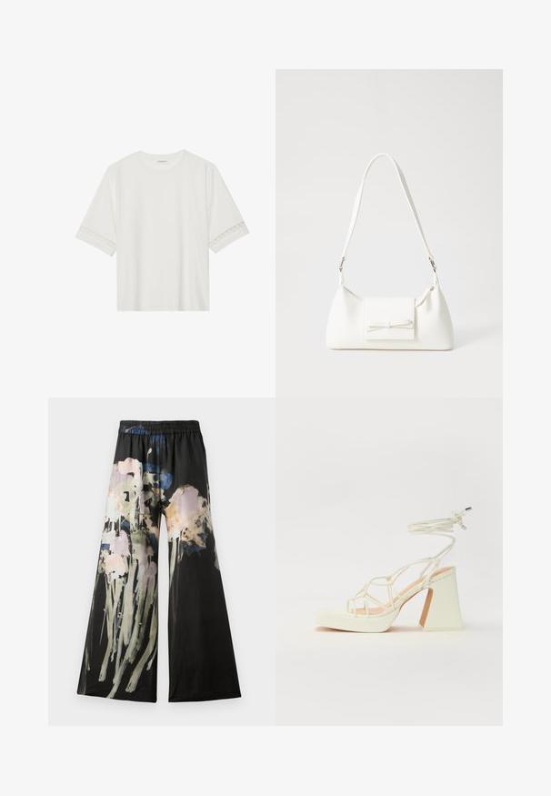 T-shirt branco de manga curta feito de algodão, com bainha de renda decorativa nas mangas e decote redondo.; Calças de perna larga em tecido preto com um padrão floral em aquarela nas tonalidades de rosa, azul e verde; cintura elástica para conforto.; Sandálias brancas de salto alto com um salto robusto, apresentando um design com tiras e amarração no tornozelo. Textura suave com uma plataforma na frente para altura adicional.; Mala sintética branca com formato triangular, aba frontal plana e detalhe de laço, alça ajustável, textura suave e design minimalista.