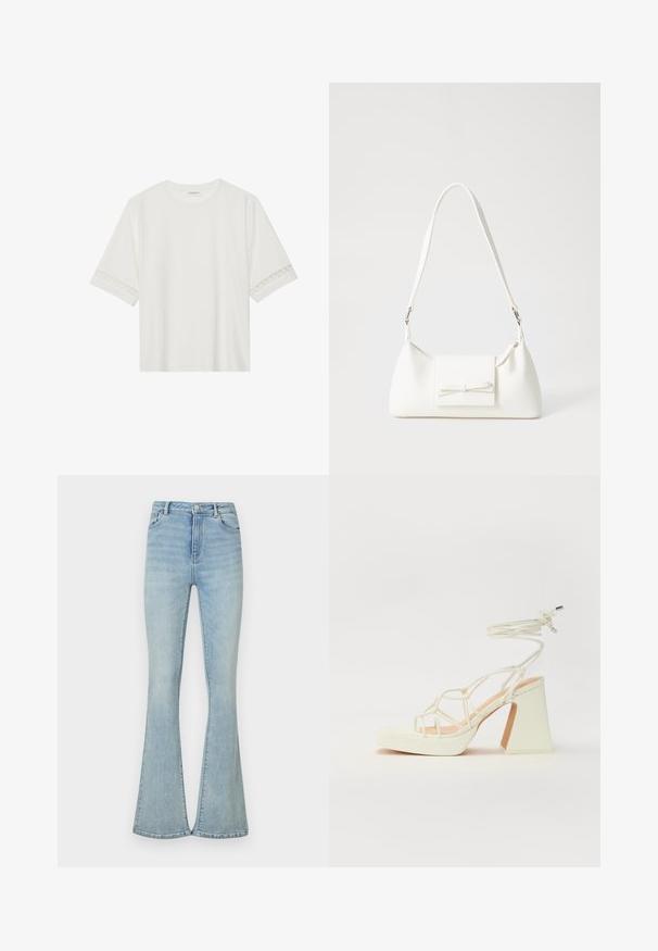 Valkoinen lyhythihainen t-paita, joka on valmistettu puuvillasta ja jossa on koristeellinen pitsireunus hihojen ympärillä sekä pyöreä pääntie.; Vaaleansinisiä flare-farkkuja, jotka on valmistettu denimistä. Niissä on korkea vyötärö, perinteinen viiden taskun malli ja siistit helmat. Tasainen pinta ja minimaalinen yksityiskohtaisuus.; Valkoinen korkokenkä, jossa on paksu korko, ja joka sisältää nauhakiinnityksen ja nilkkaketjun. Sujuva pinta, jossa on platform-etupohja lisäkorkeutta varten.; Valkoinen synteettinen käsilaukku, jossa on kolmikulmainen muoto, tasainen etu läppä ja nauhadetail, säädettävä olkahihna, sileä rakenne ja minimalinen muotoilu.