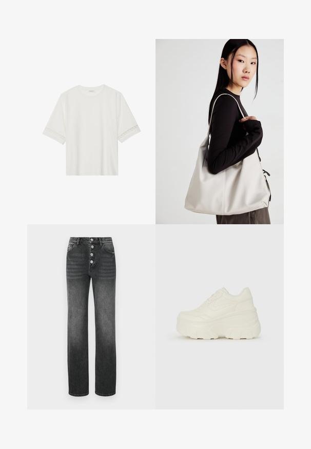 Weißes T-Shirt mit kurzen Ärmeln aus Baumwolle, mit dekorativem Spitzenbesatz entlang der Ärmel und einem runden Ausschnitt.; Hochtaillierte schwarze Jeans mit geradem Bein, Fünf-Taschen-Design und fünf metallischen Knöpfen am Reißverschluss. Leicht ausgeblichene Denim-Textur.; Weiße Platform Sneakers mit einem glatten, lederähnlichen Obermaterial, abgerundeter Form, gepolstertem Kragen und strukturierten Gummisohlen mit ausgeprägten Stollen.; Beige Handtasche aus weichem Material, mit einem lässigen Design, gesteppten Details und zwei Schulterriemen. Geeignet für den täglichen Gebrauch.