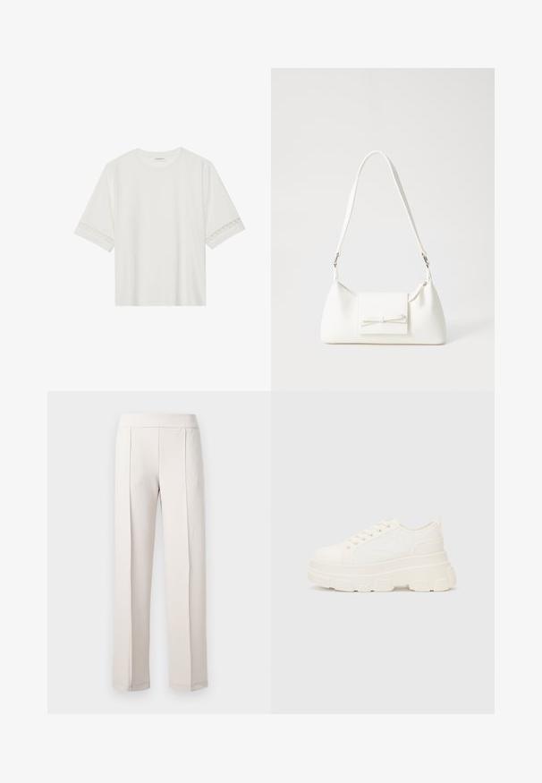White short-sleeve t-shirt made from cotton, featuring decorative lace trim along the sleeves and a round neckline.; Light beige wide-leg trousers made of smooth fabric, featuring a high waist, two front pleats, and a clean, tailored finish.; White canvas sneaker with a chunky sole, rounded toe, and five eyelets for laces. Back tab for easy wear. Smooth texture, minimalist design.; White synthetic handbag with a triangular shape, flat front flap and bow detail, adjustable strap, smooth texture, and minimalistic design.